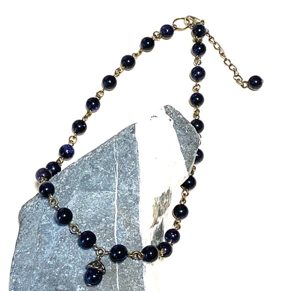 Dark Blue Goldstone Bronze Link Adjustable Short Necklace w/ Cute Acorn Pendant - Picture 6 of 15